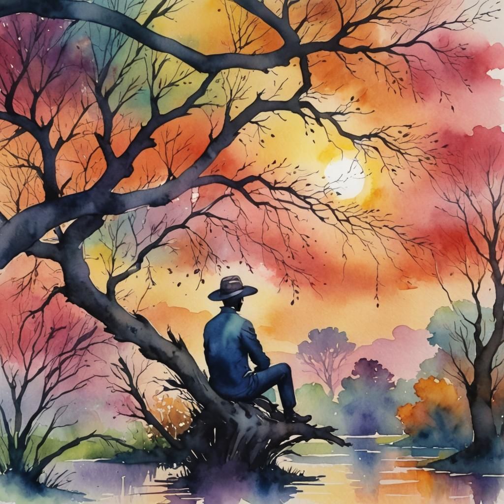Silhouette Watching Colorful Sunset in Watercolor