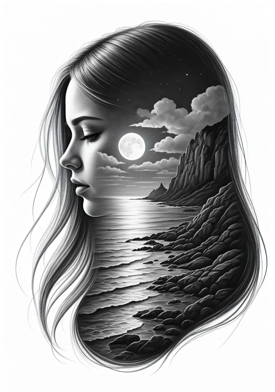 Monochromatic Double Exposure Profile on Rocky Coast