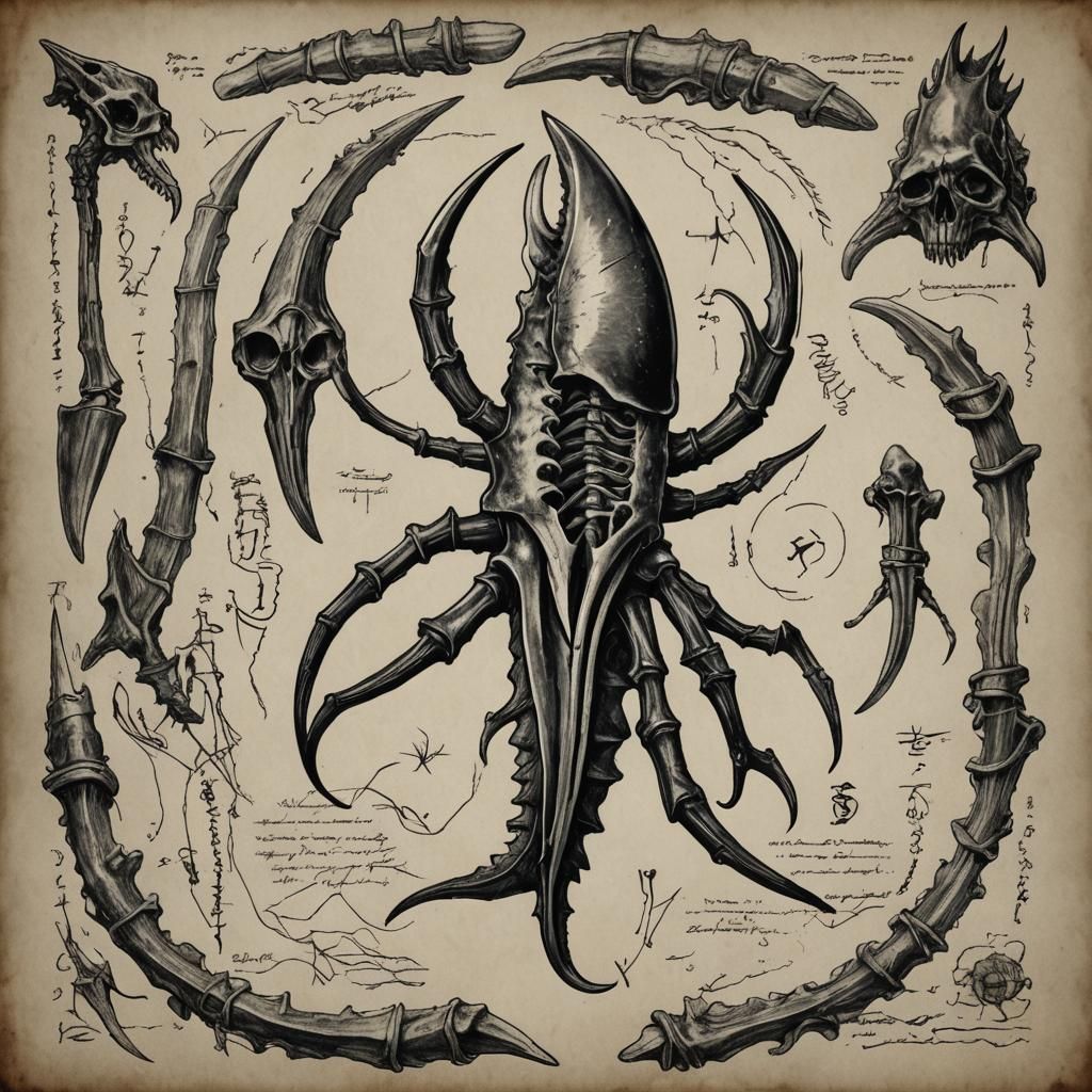 Lovecraftian Fish Claw Anatomy on Old Paper