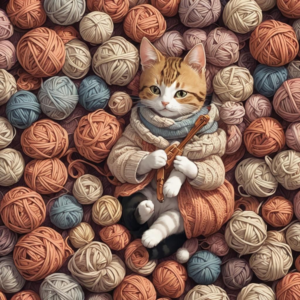 Cat Knitting: Anime Style Digital Illustration