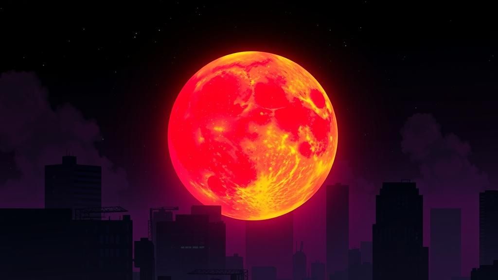 Glitched Moon over Cyberpunk Cityscape