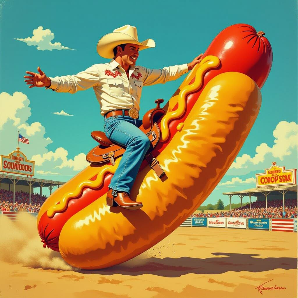 Cowboy Rides Corn Dog in Whimsical Rodeo