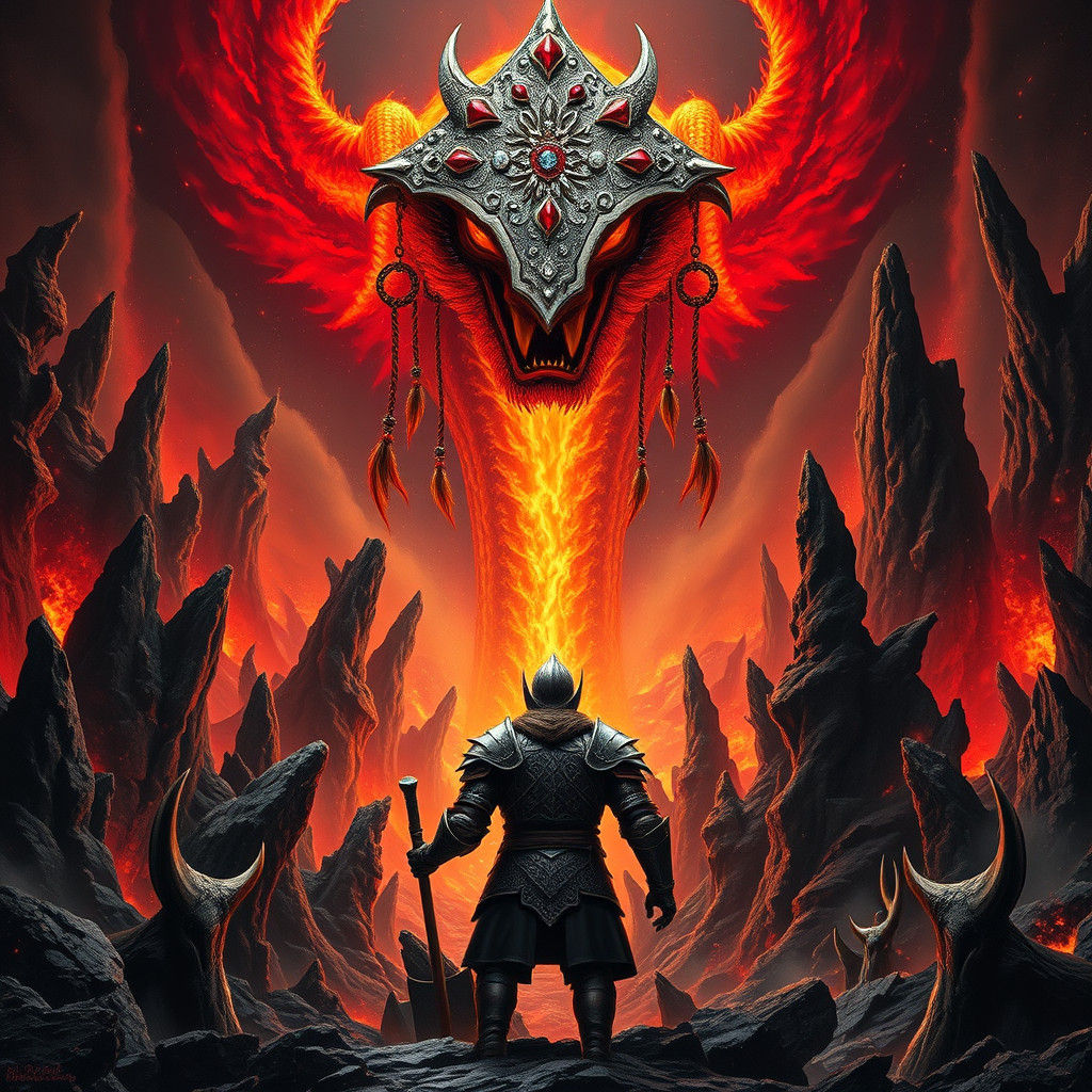 Fiery Serpent Confrontation in Fantasy Landscape