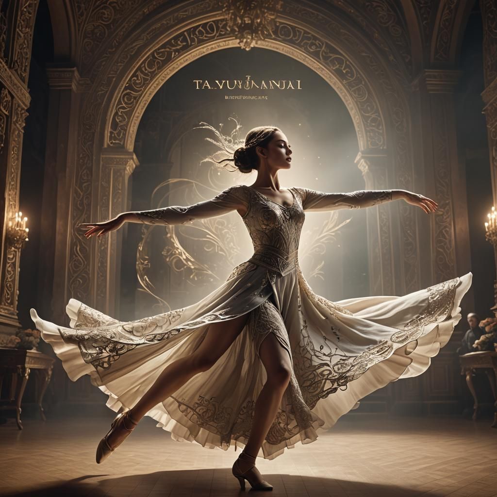 Elegant Dancer in Starry Void with Glowing Text