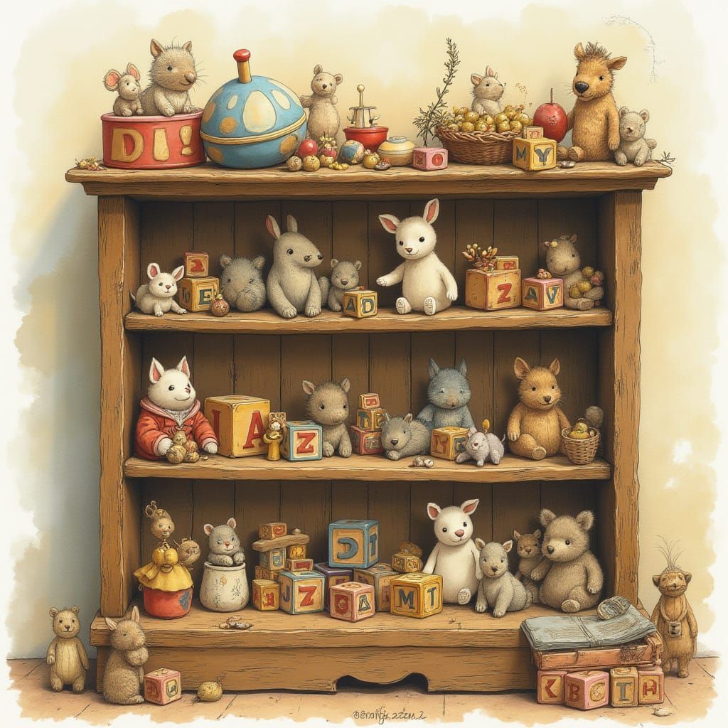 Nostalgic Watercolor Shelf of Vintage Toys