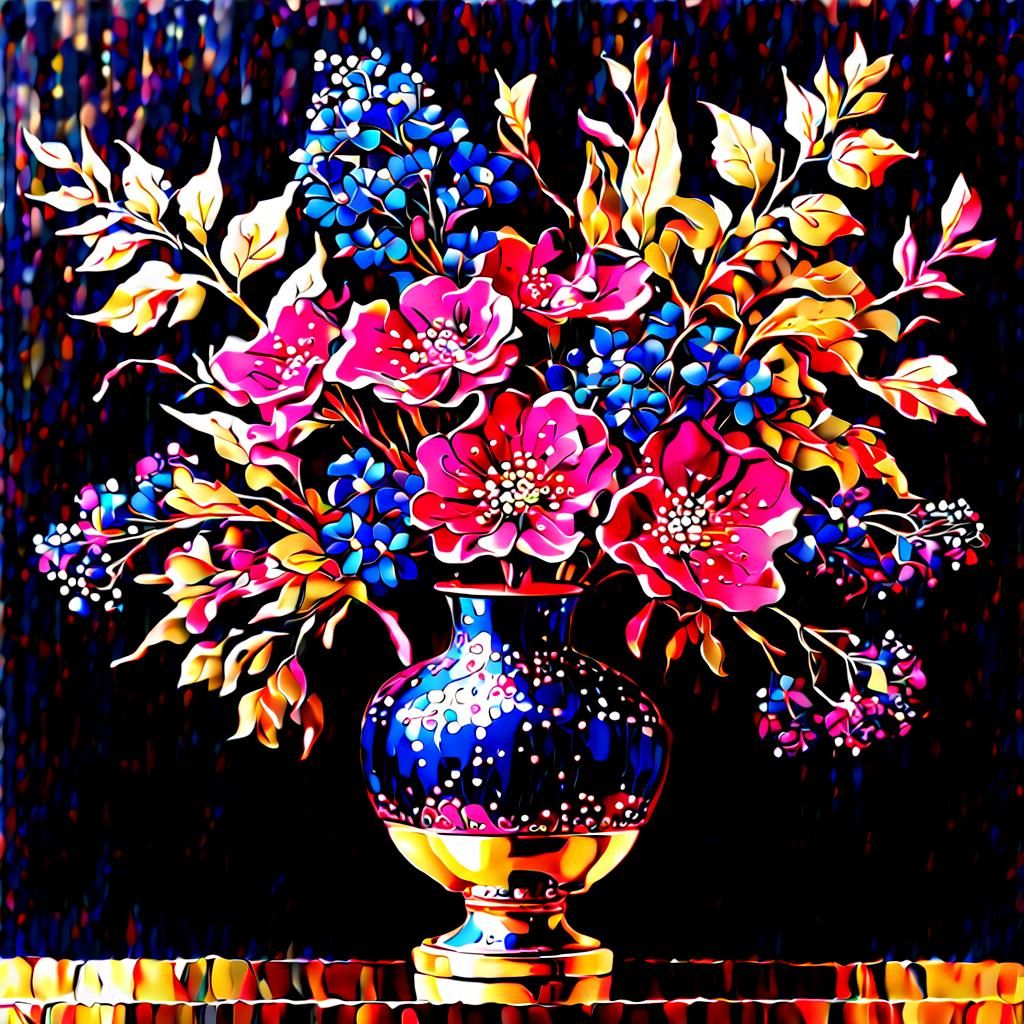 Metallic Flowers in Golden Vase, Fauvism and Kintsugi Style