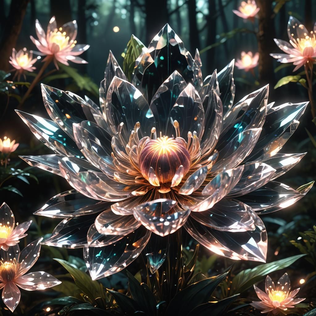 Glowing Crystal Bloom in Dark Forest