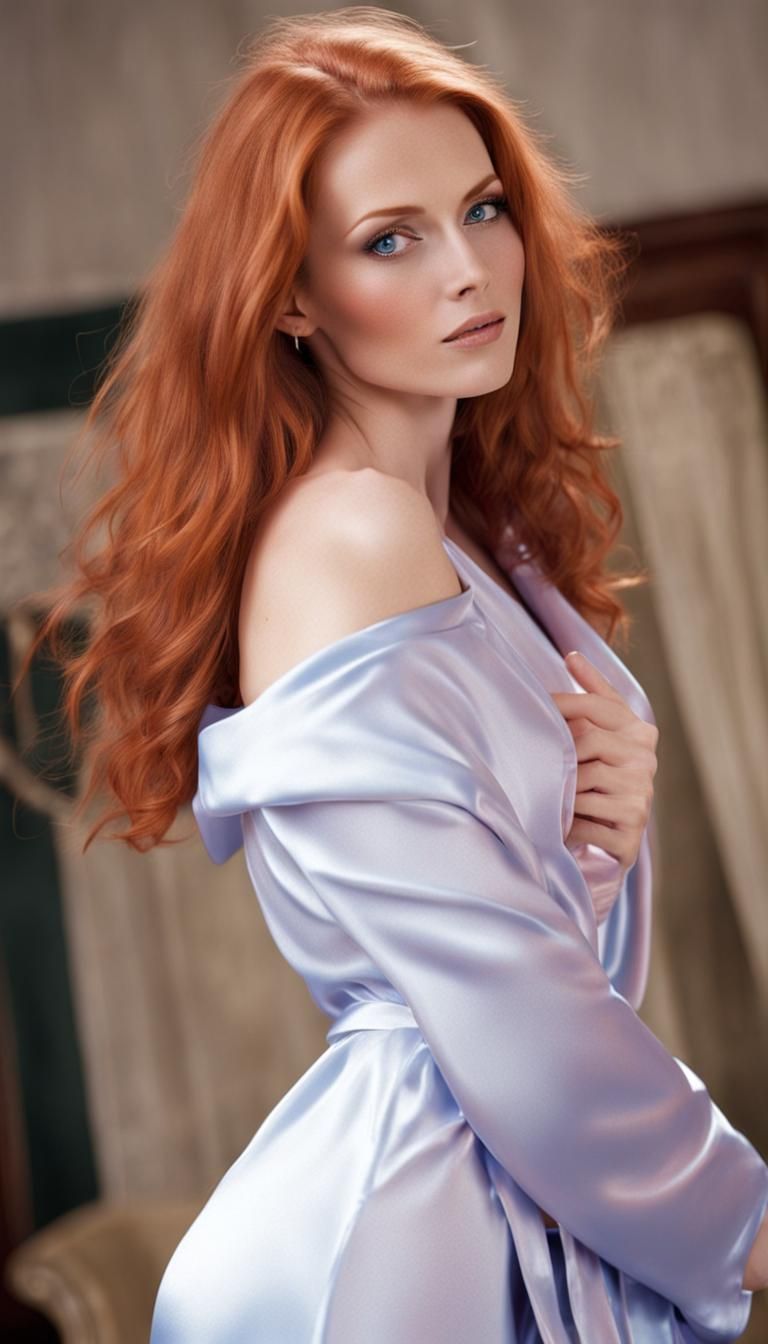Elegant Redhead in Pink Silk Gown
