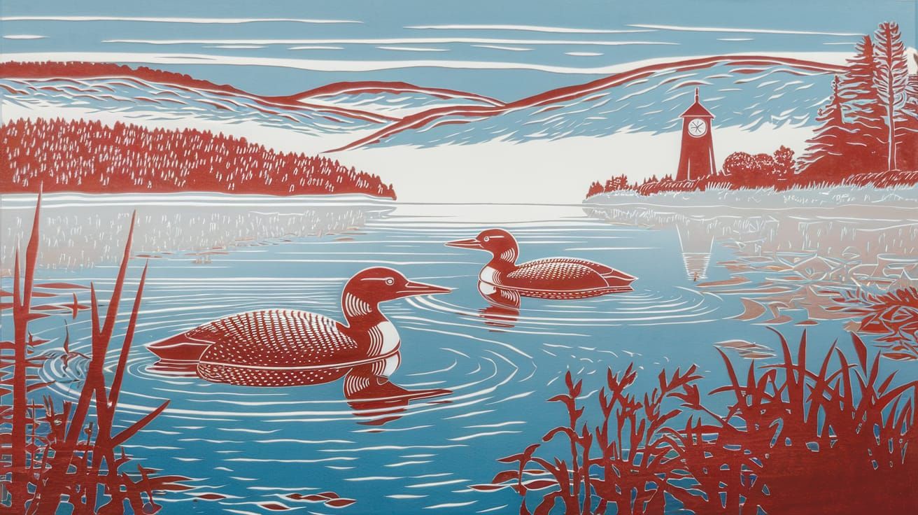 minimalist, woodcut, linocut. bold reds and Blues. sharp con...