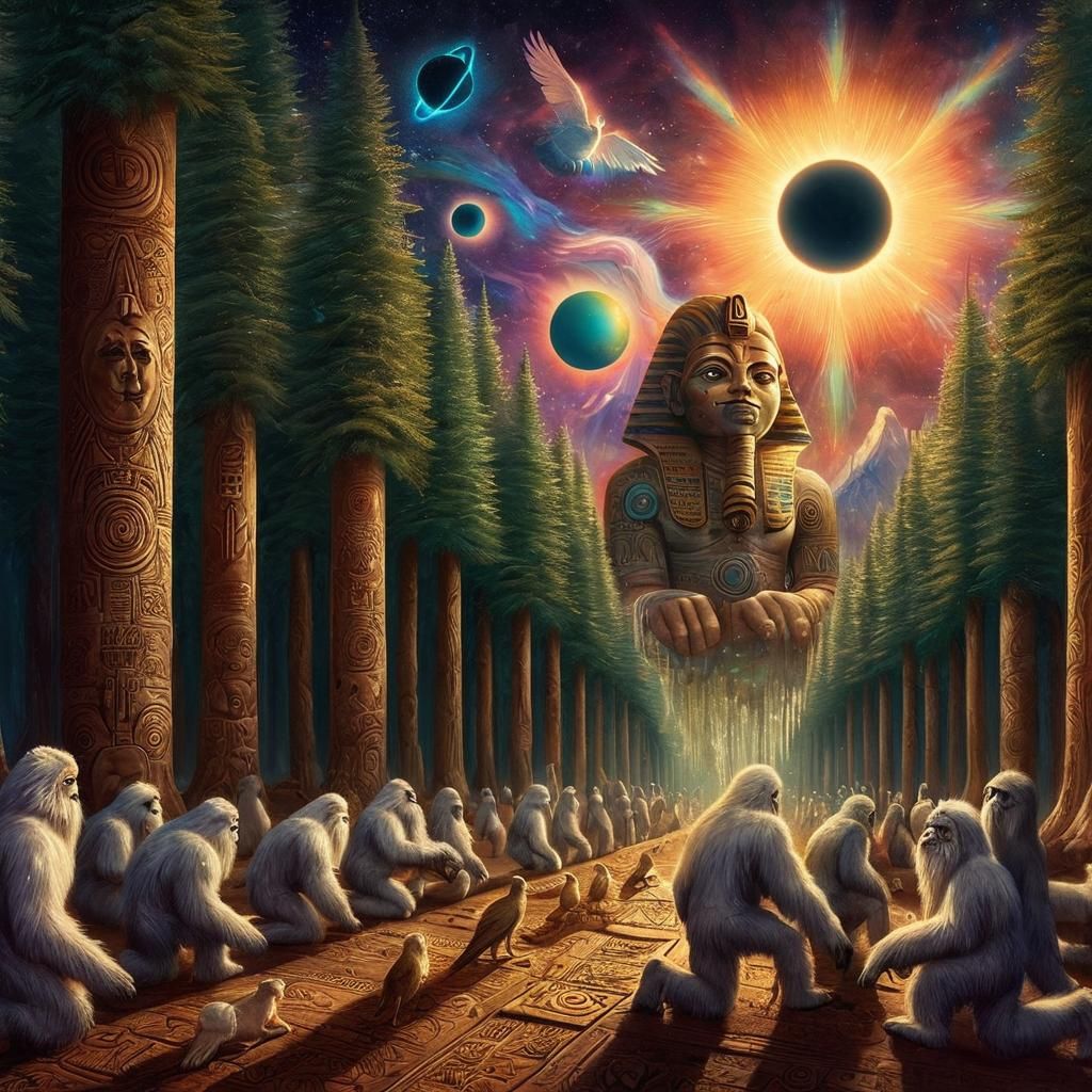 Albino Yetis Worship Sphinx in Surreal Oil Painting