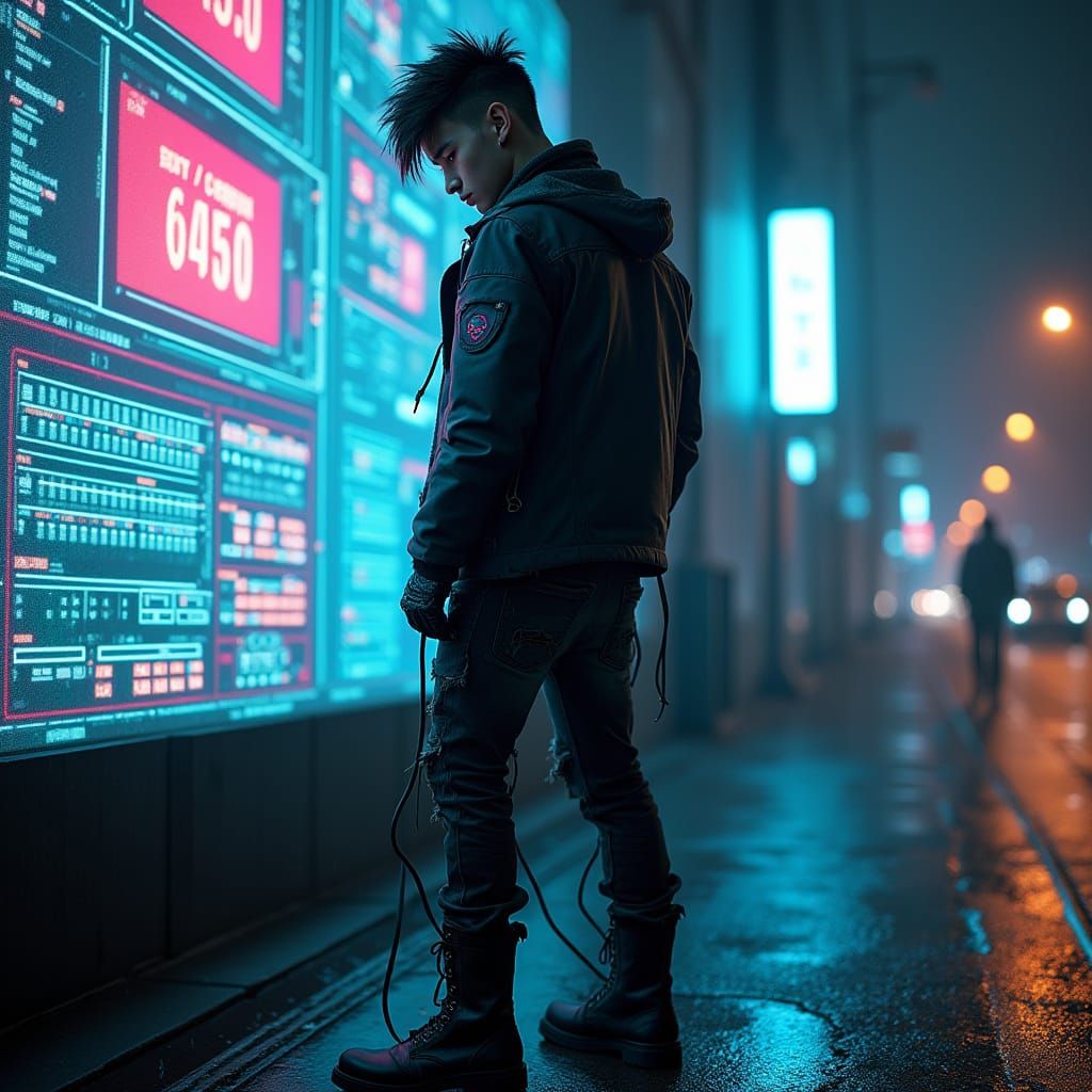 Cyberpunk Man with Neon Hair in Rainy City