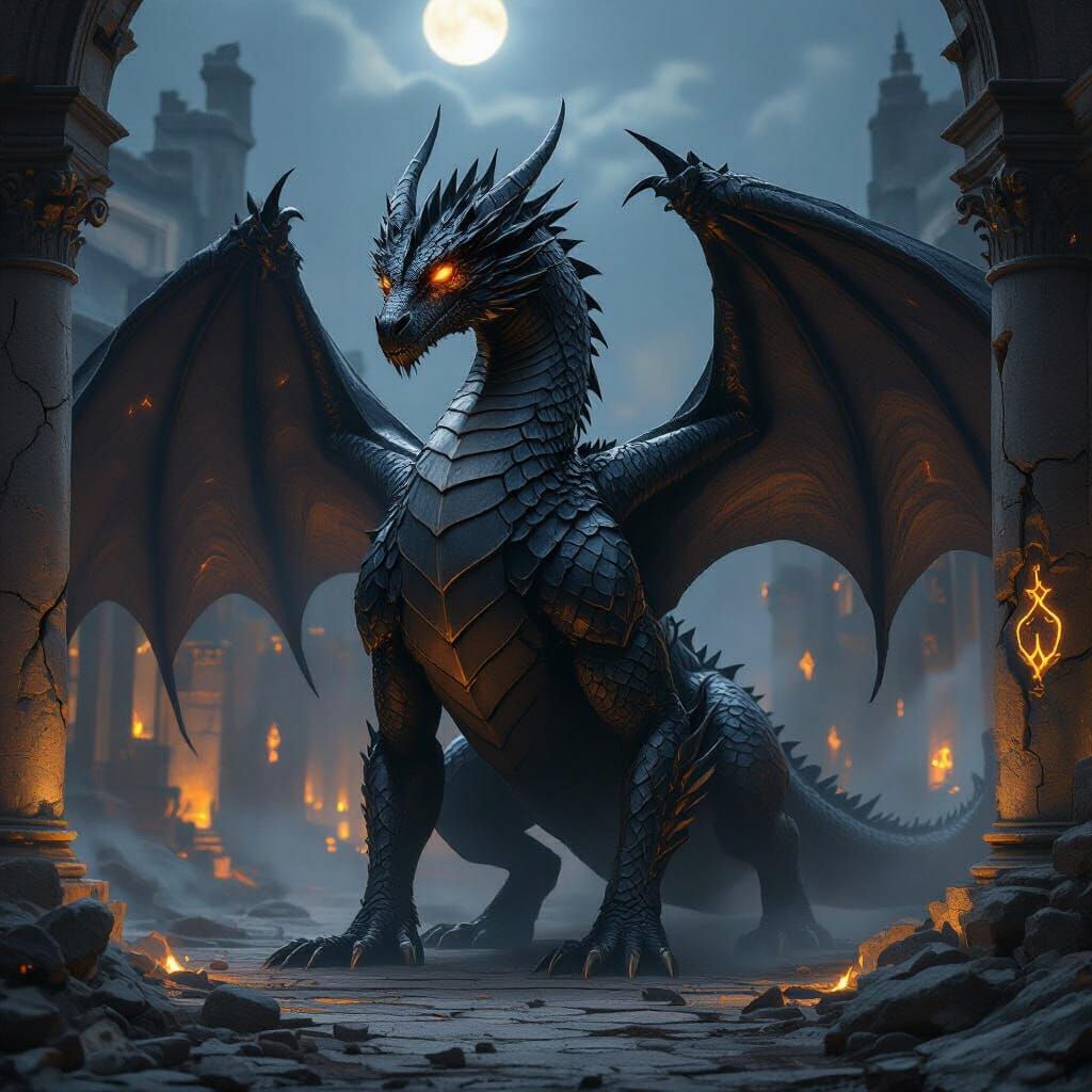 Colossal Dragon in Ruined Courtyard, Cinematic Fantasy
