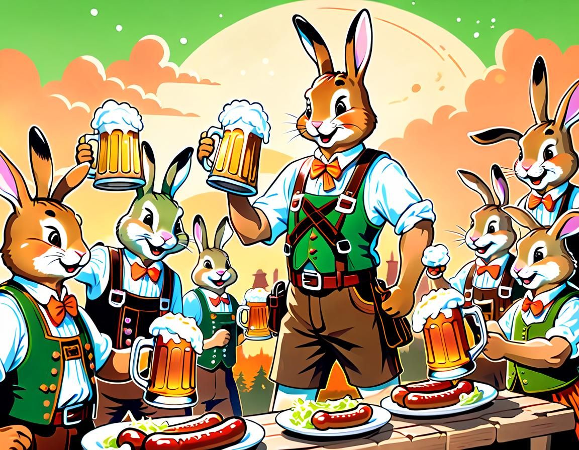 Oktoberfest Celebration with Bunnies in Whimsical Illustrati...