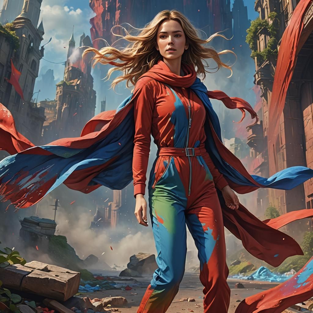 Young Woman in Jumpsuit with Flowing Scarf