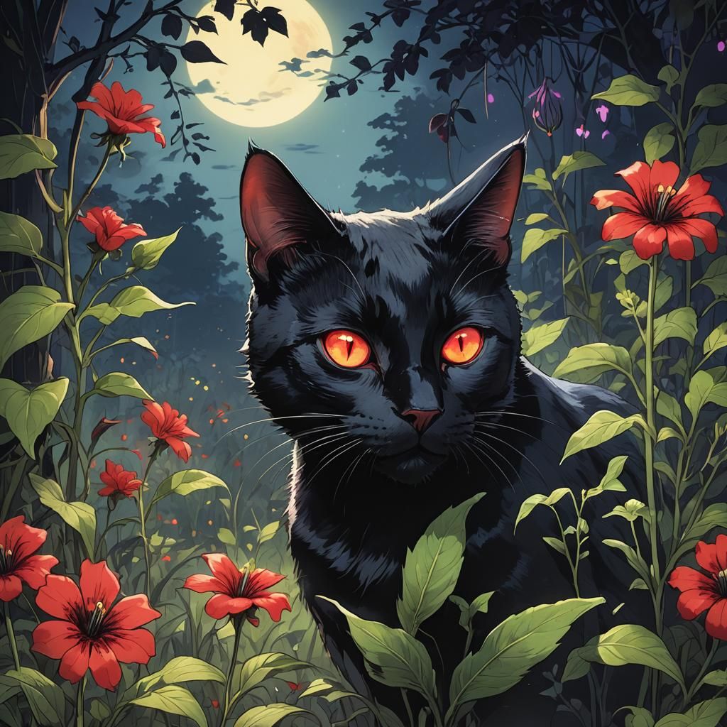Crimson-Eyed Black Cat with Nightshade Flower in Anime Style
