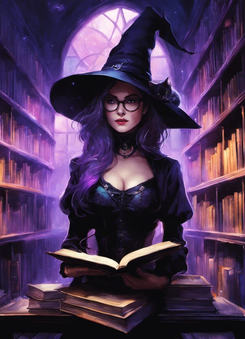 Gothic Witch Librarian in Bioluminescent Library
