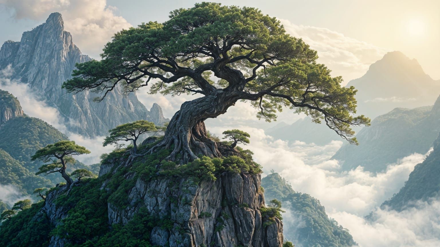 Lone Tree on Mountain Peak in Romantic Style
