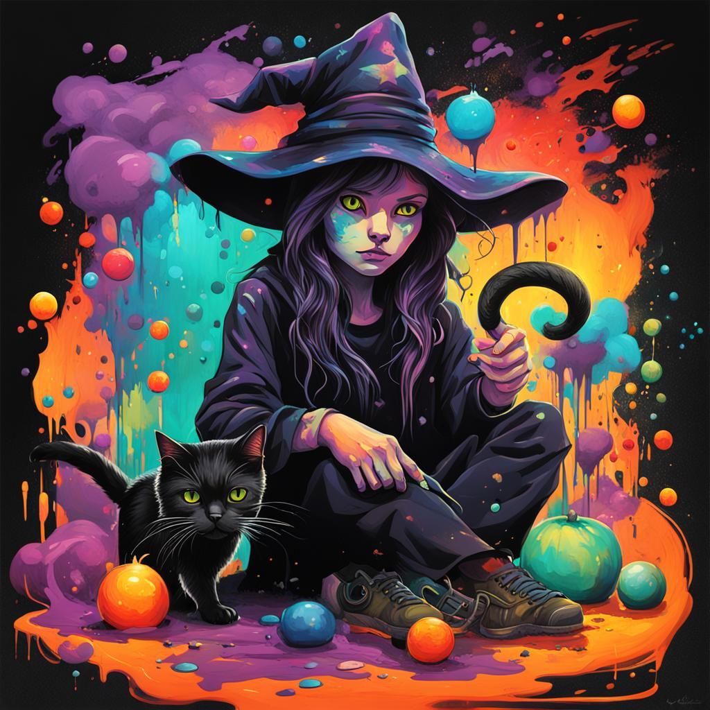 Colorful Graffiti Art: A Witch and Her Cat