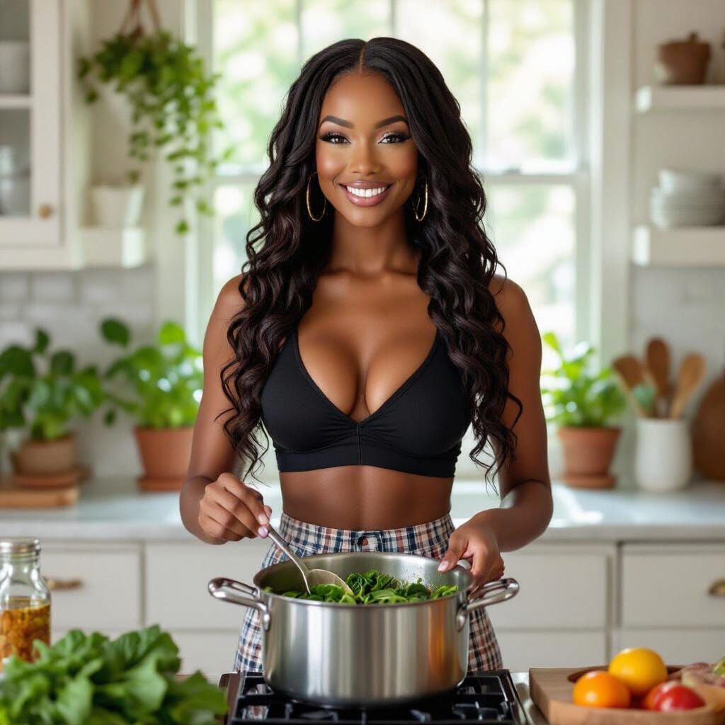 Joyful Black Woman Cooks Collard Greens in Sunlit Kitchen