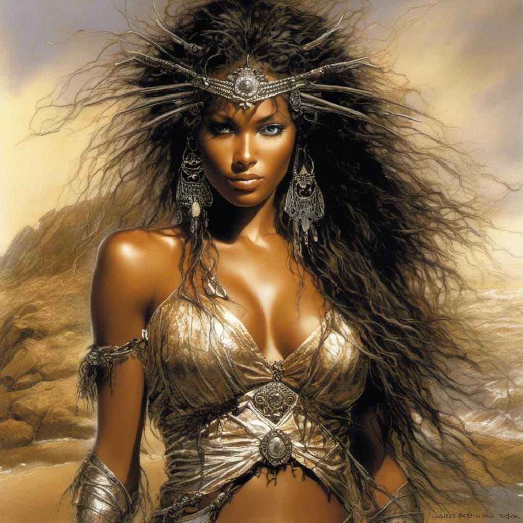 Beautiful African American Woman on Beach, Royo-Vallejo Styl...