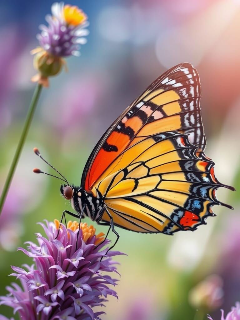 Vibrant Butterfly Amidst Macro Blooms