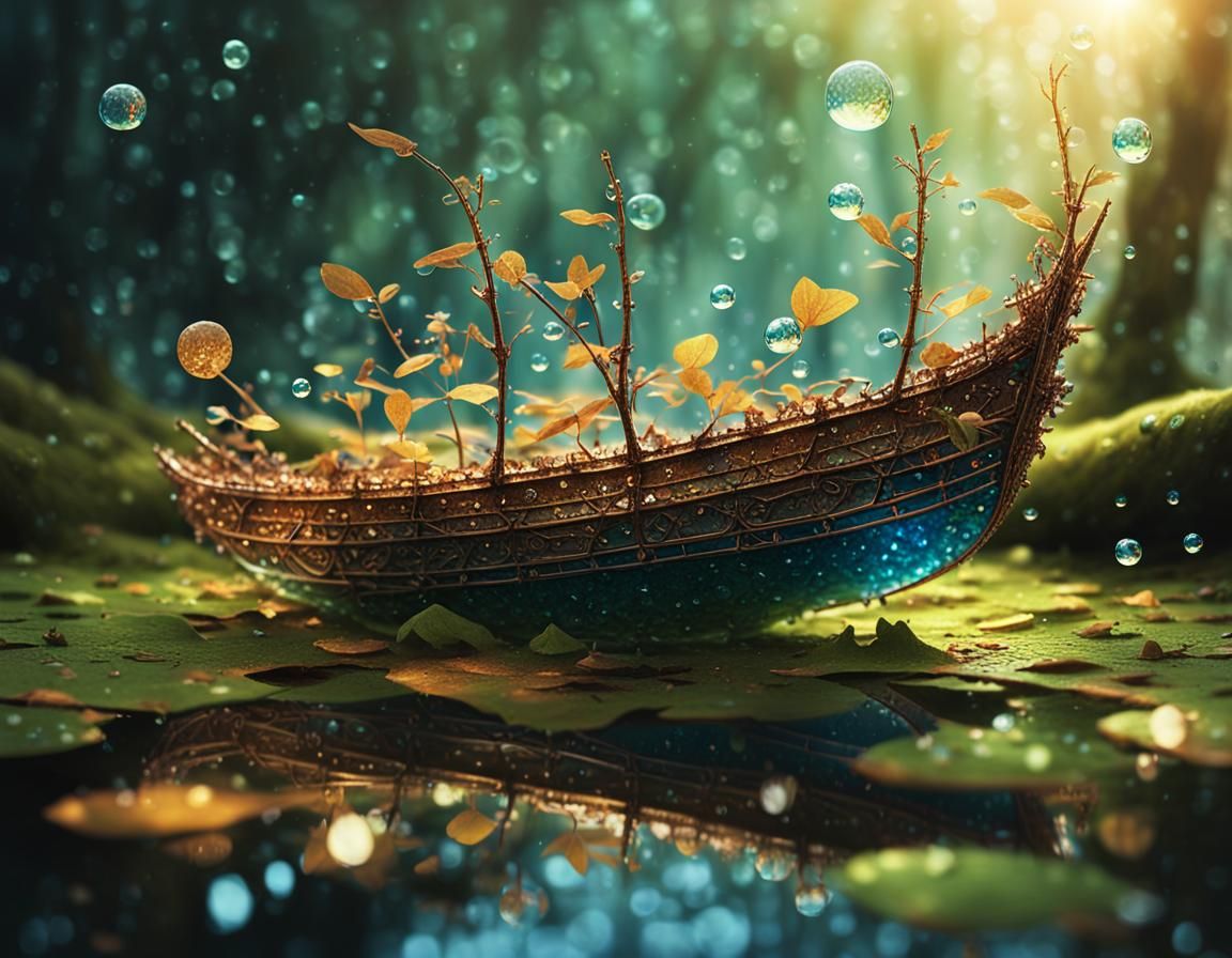 Delicate Fantasy Ship Amidst Sparkling Water Droplets on a L...