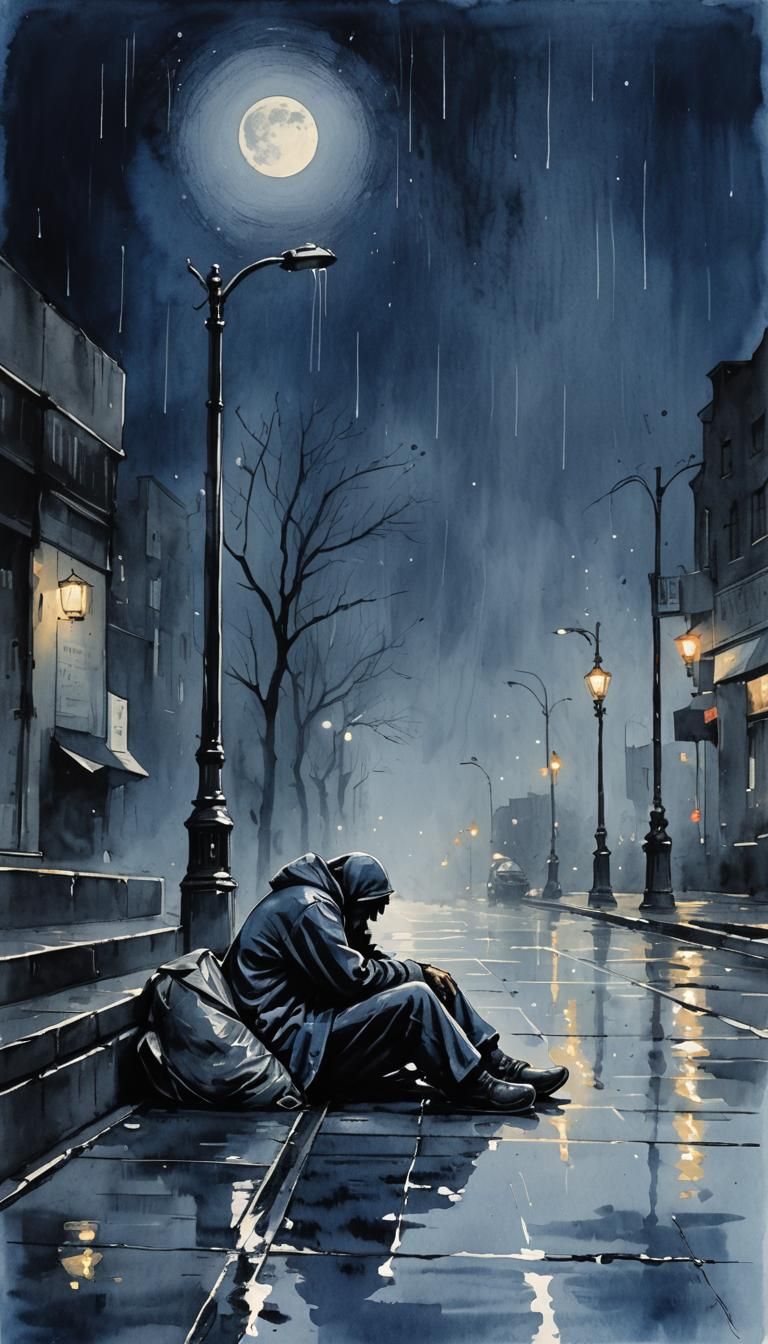 Lonely Homeless Man in the Rain: Minimalist Ink Painting
