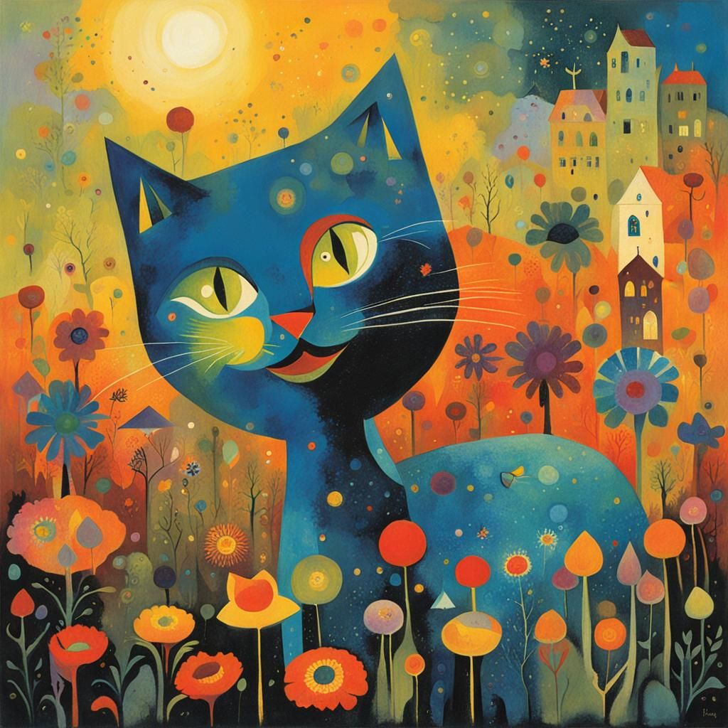 Colorful Cats in Garden, Mid-Century Modern Style