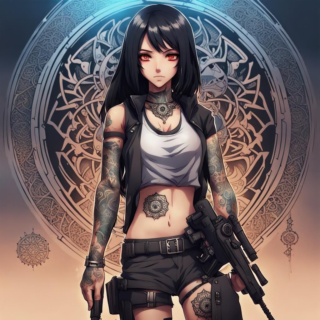 Cyberpunk Anime Girl Warrior with Tattoos