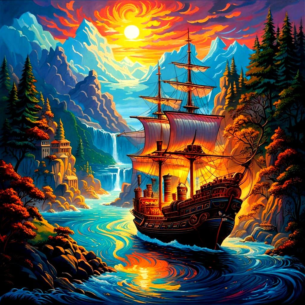 Sailboat Sailing Through Golden Clouds as Digital Art