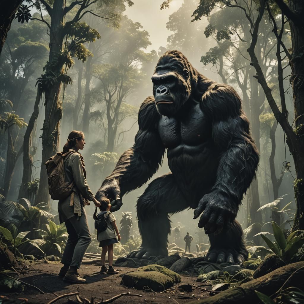 King Kong Protecting a Girl: Cinematic Film Still