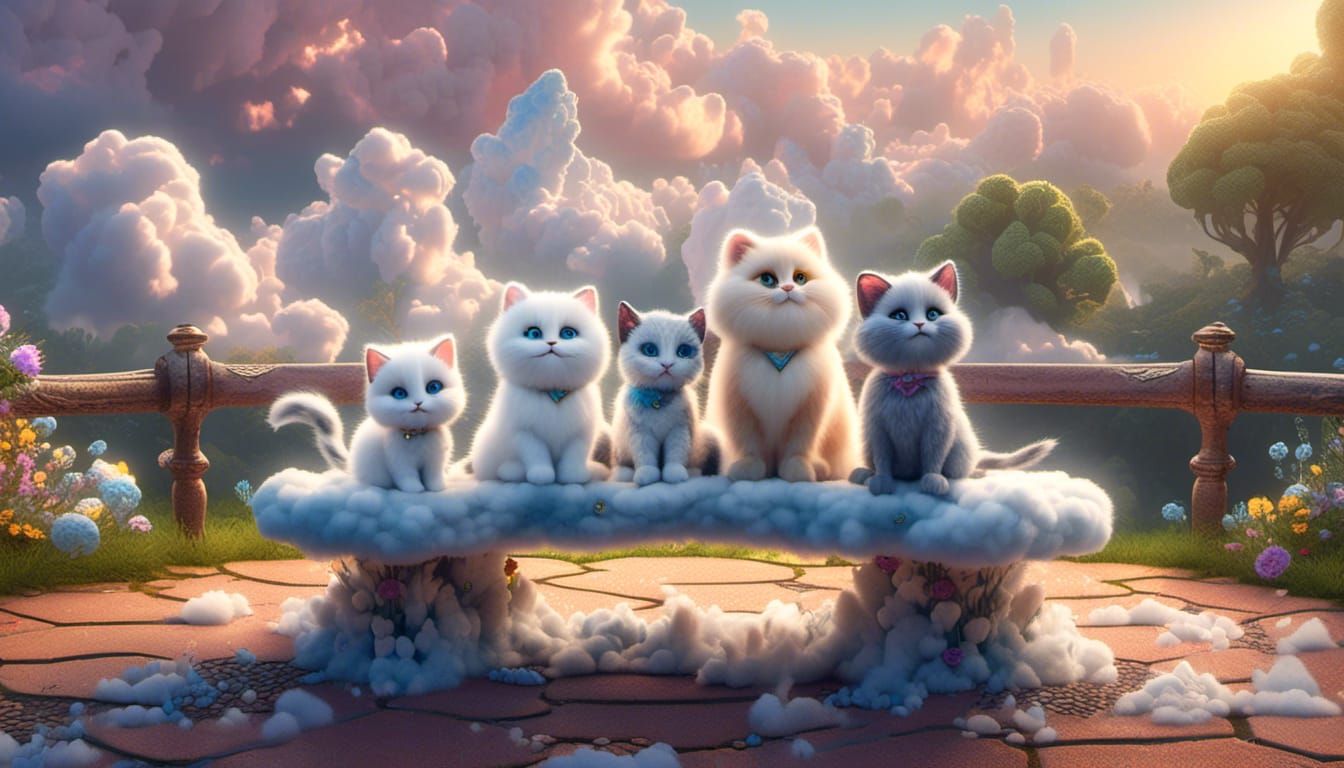 <lora:Cloud Animals:1.0> cats on a heart shaped bench,fluffy clouds Pixar, Disney, concept art, 3d digital art, Maya 3D,...