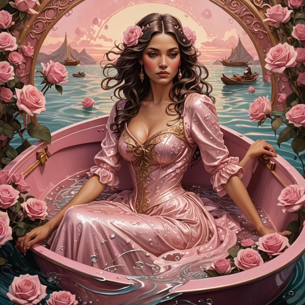 Art Nouveau Model in Pink Boat with Roses