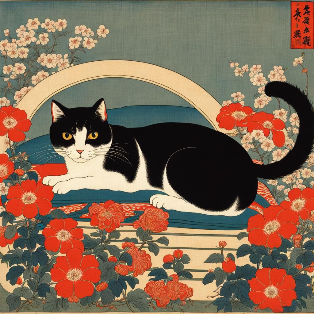 Cute Cat in Ukiyo-e Style Surrounded by Flowers