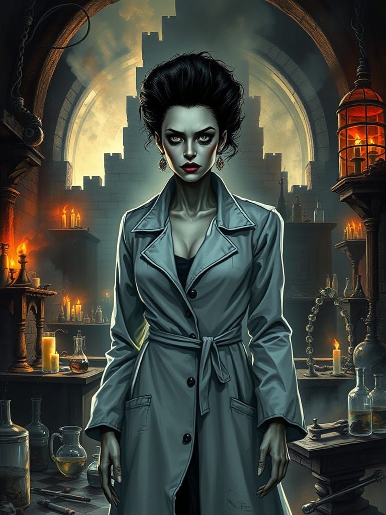 Gothic Bride of Frankenstein in Distressed Lab Coat Amidst S...