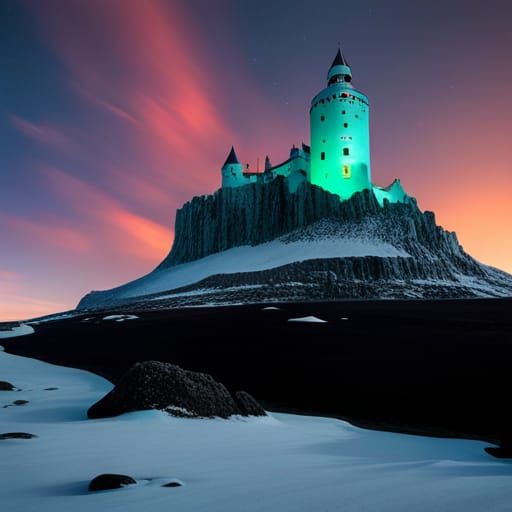 Icelandic Black Castle Under Northern Lights