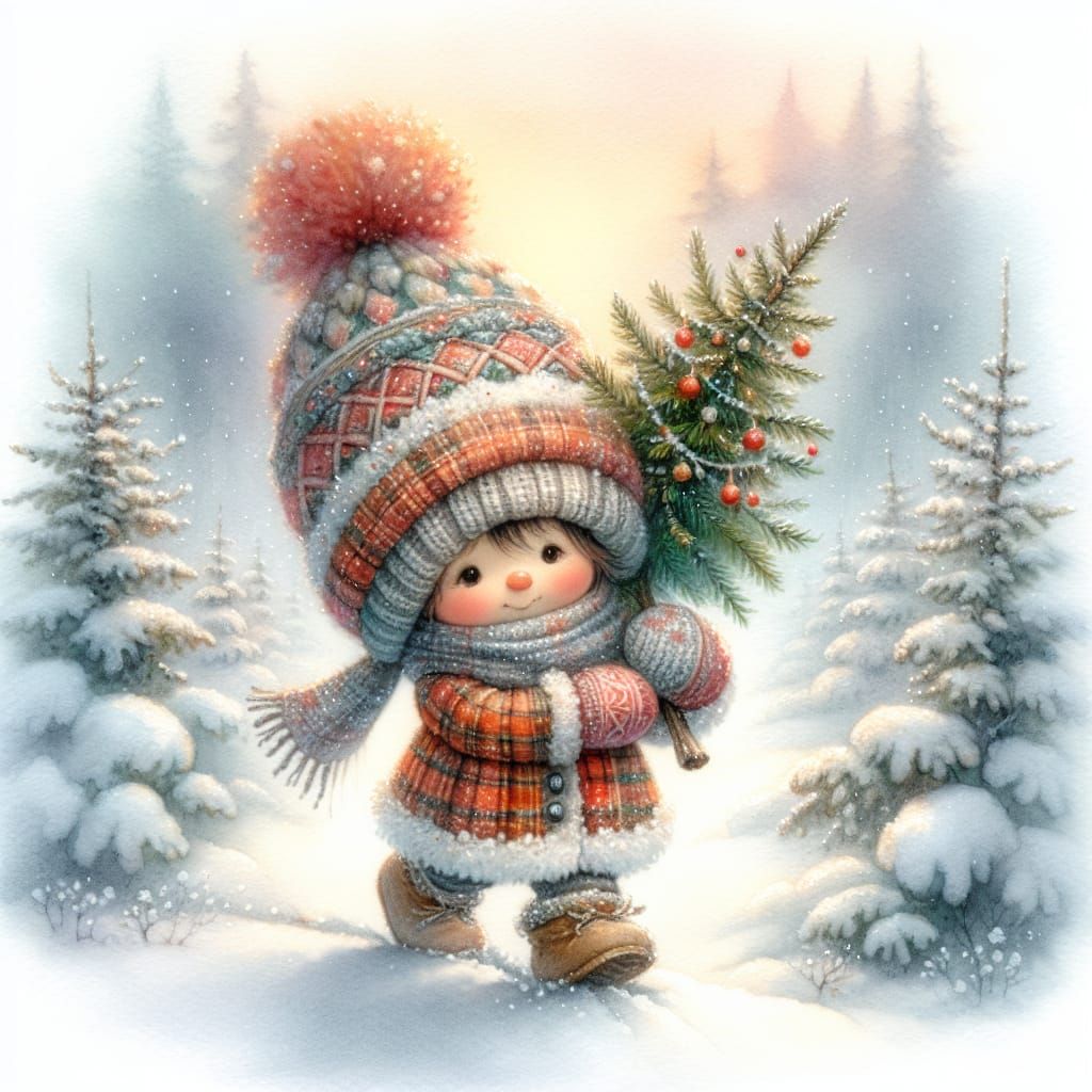 Gnome Strolls with Christmas Tree in Snowy Forest
