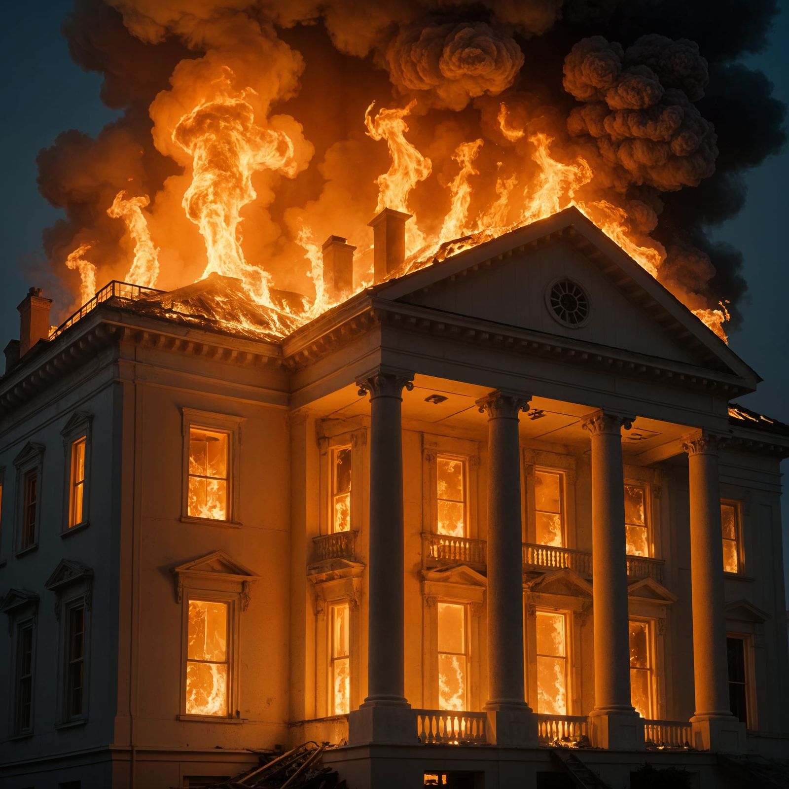 Surreal Burning House at Twilight
