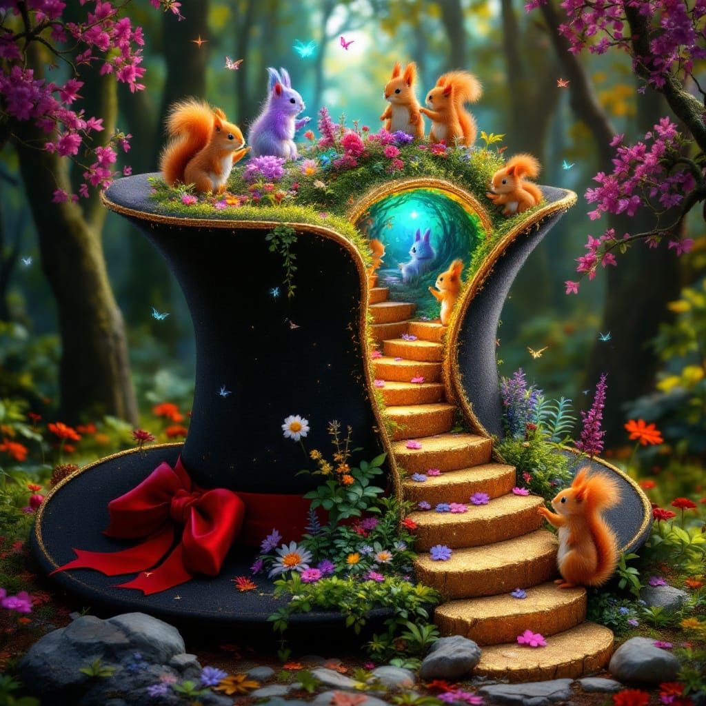 Whimsical Black Hat Wonderland for Baby Squirrels
