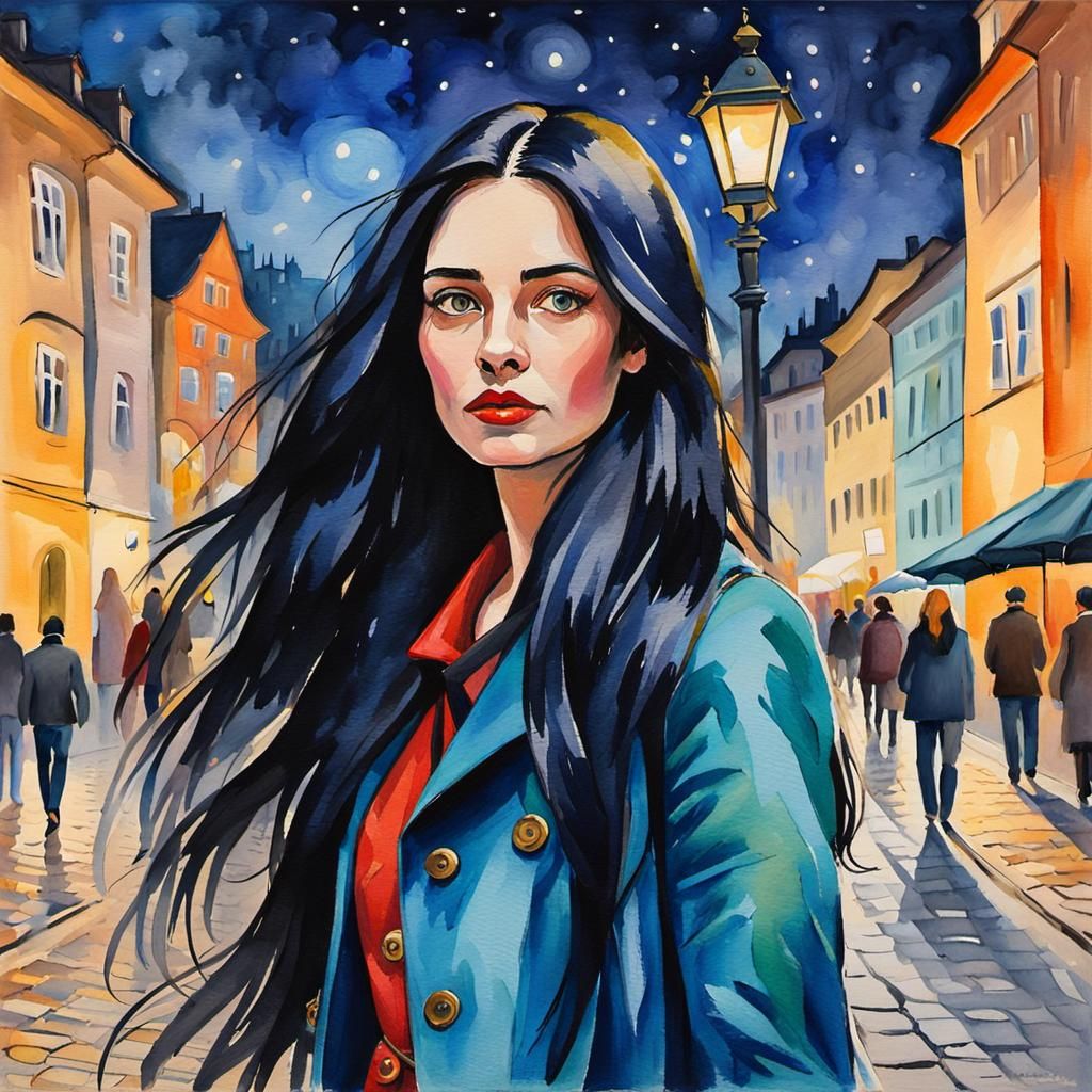 Woman in Prague at Night: Gouache Watercolor Impressionism