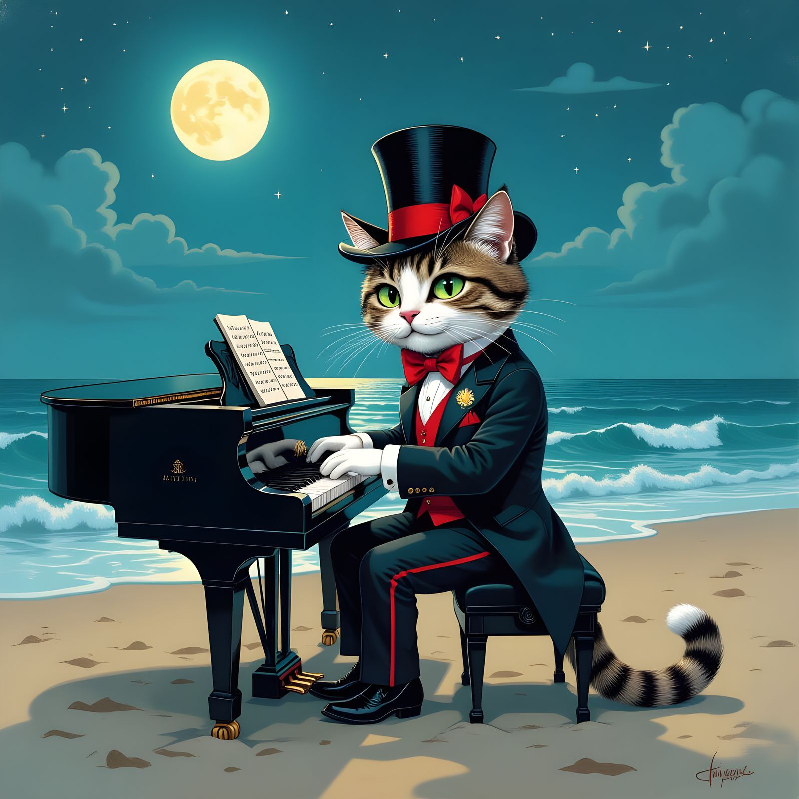 Whimsical Cat Cabaret on Moonlit Beach