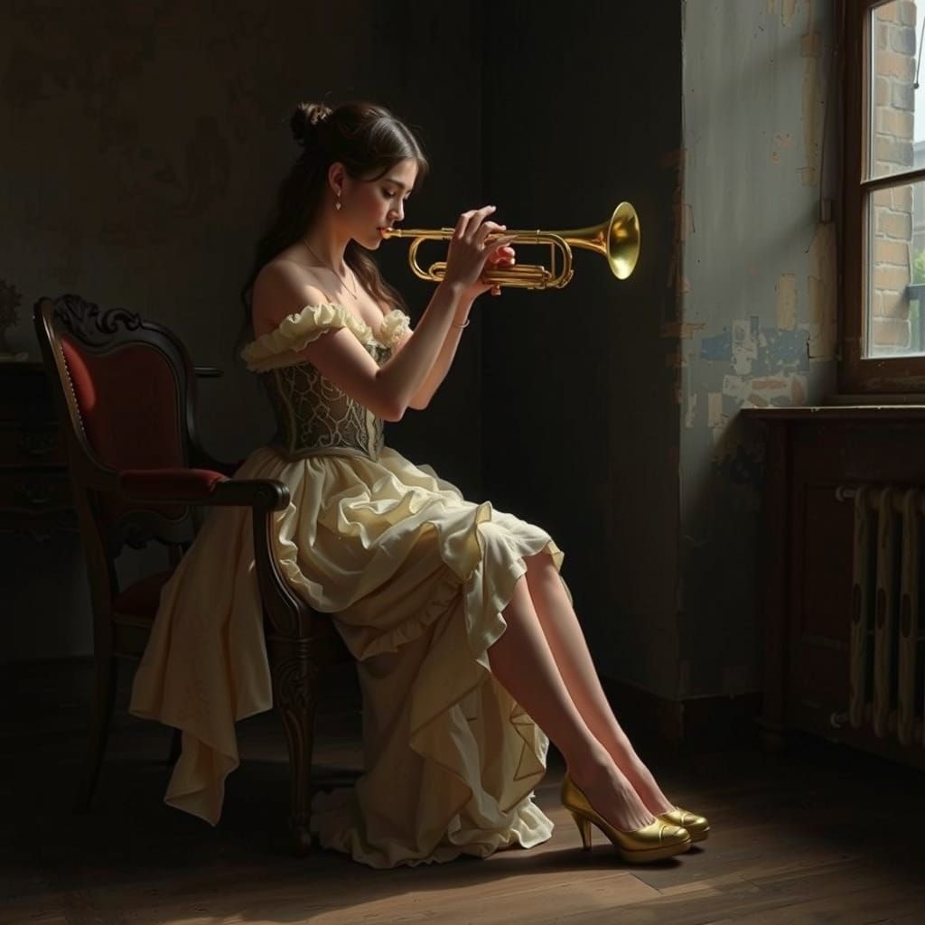 Woman Playing Trumpet in Dark Night, Digital Art