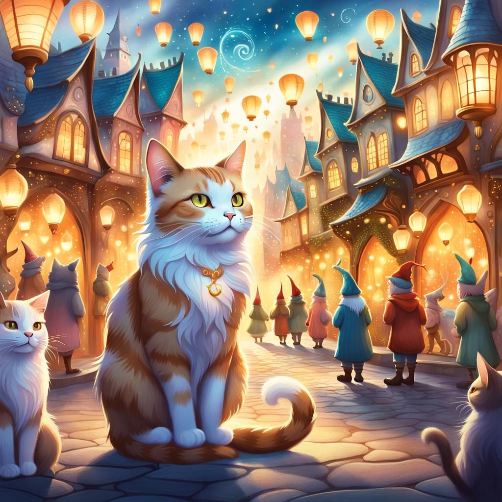 Magic Cat Amidst Fairies in Fantasy City