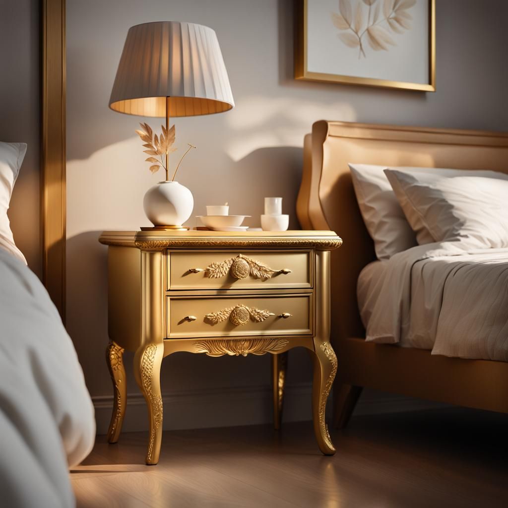 Minimalist White Bedside Table with Gold Leaf Carving