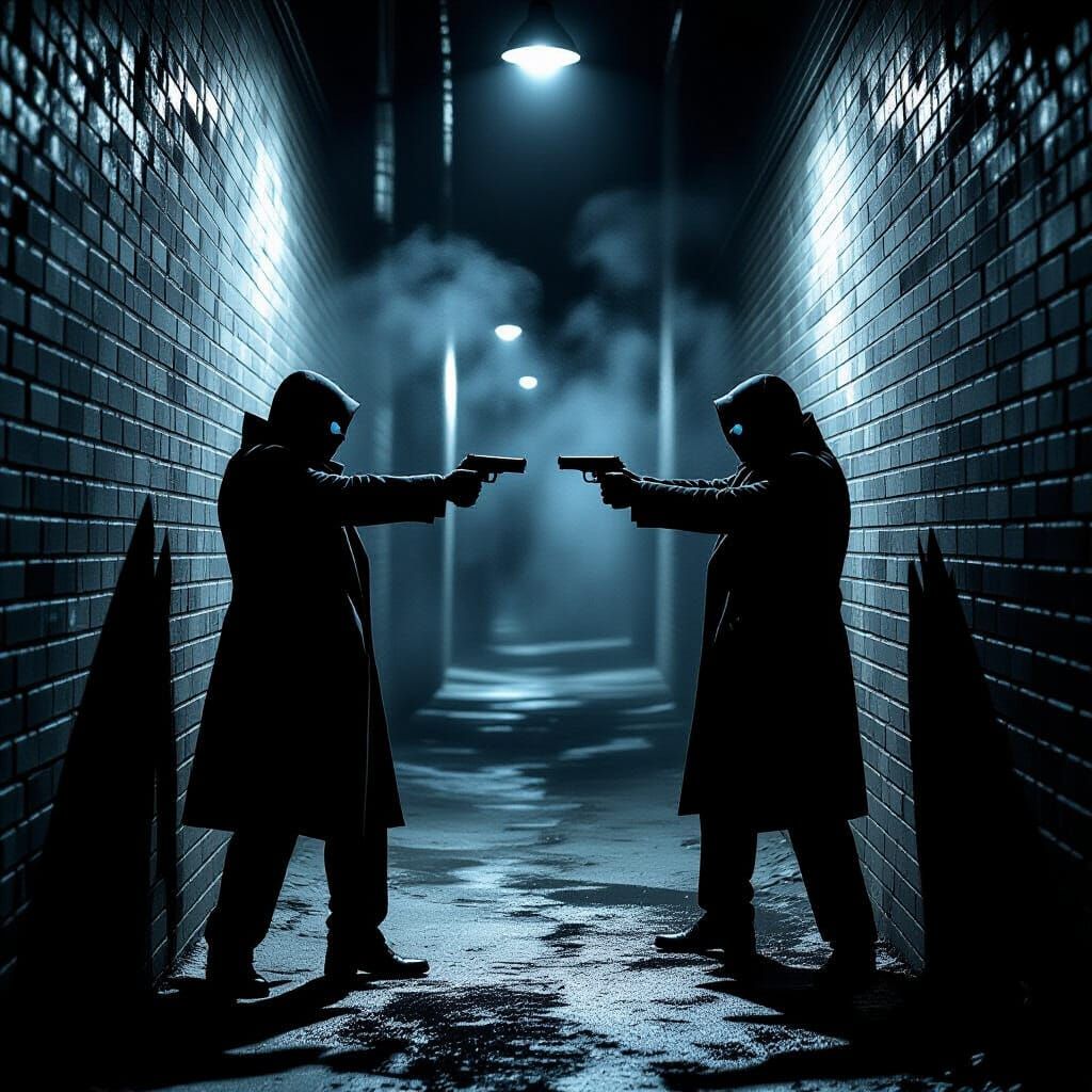 Noir Standoff: Two Figures in Gritty Alleyway