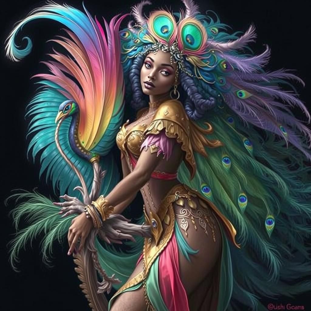 Peacock Woman Portrait in Surreal Abstract Style