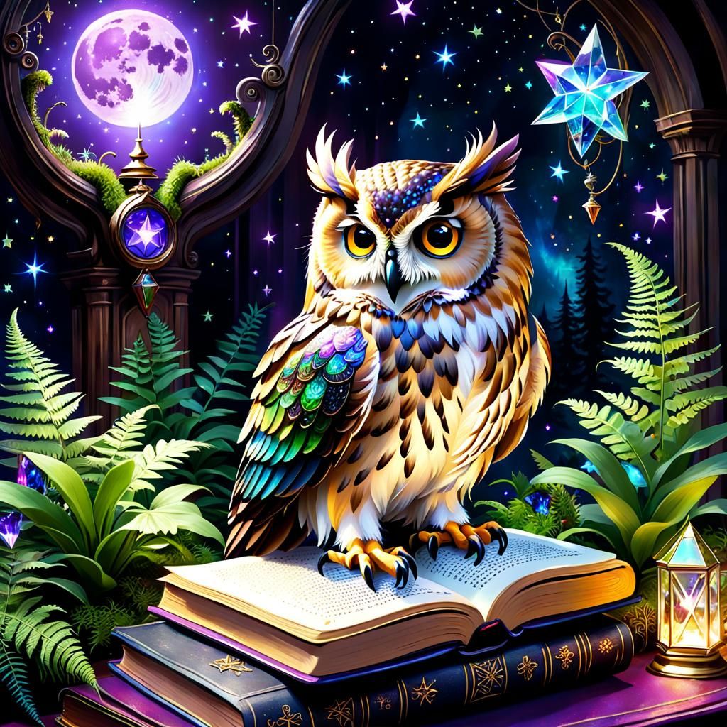 Majestic Owl on Grimoire in Digital Oil Painting