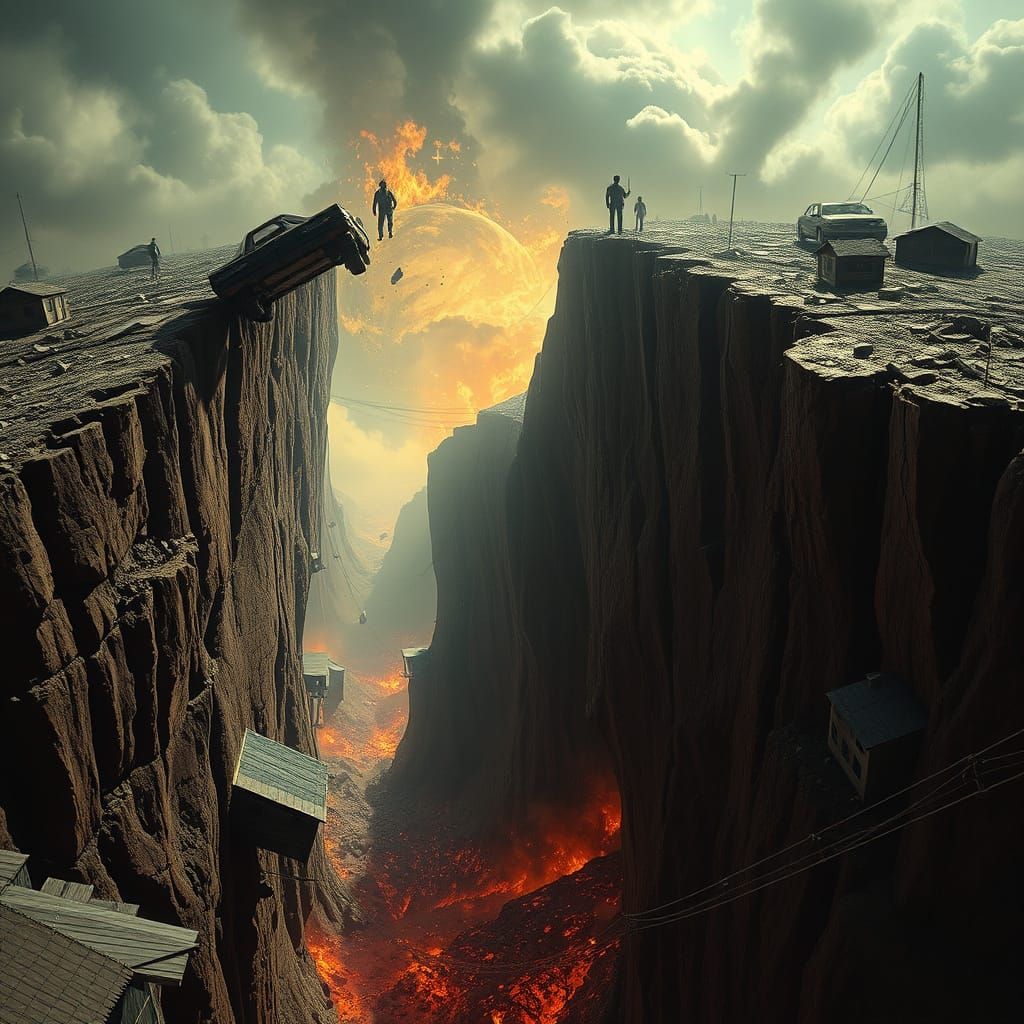 Apocalyptic Split Earth Swallows City in Dark Surreal Style
