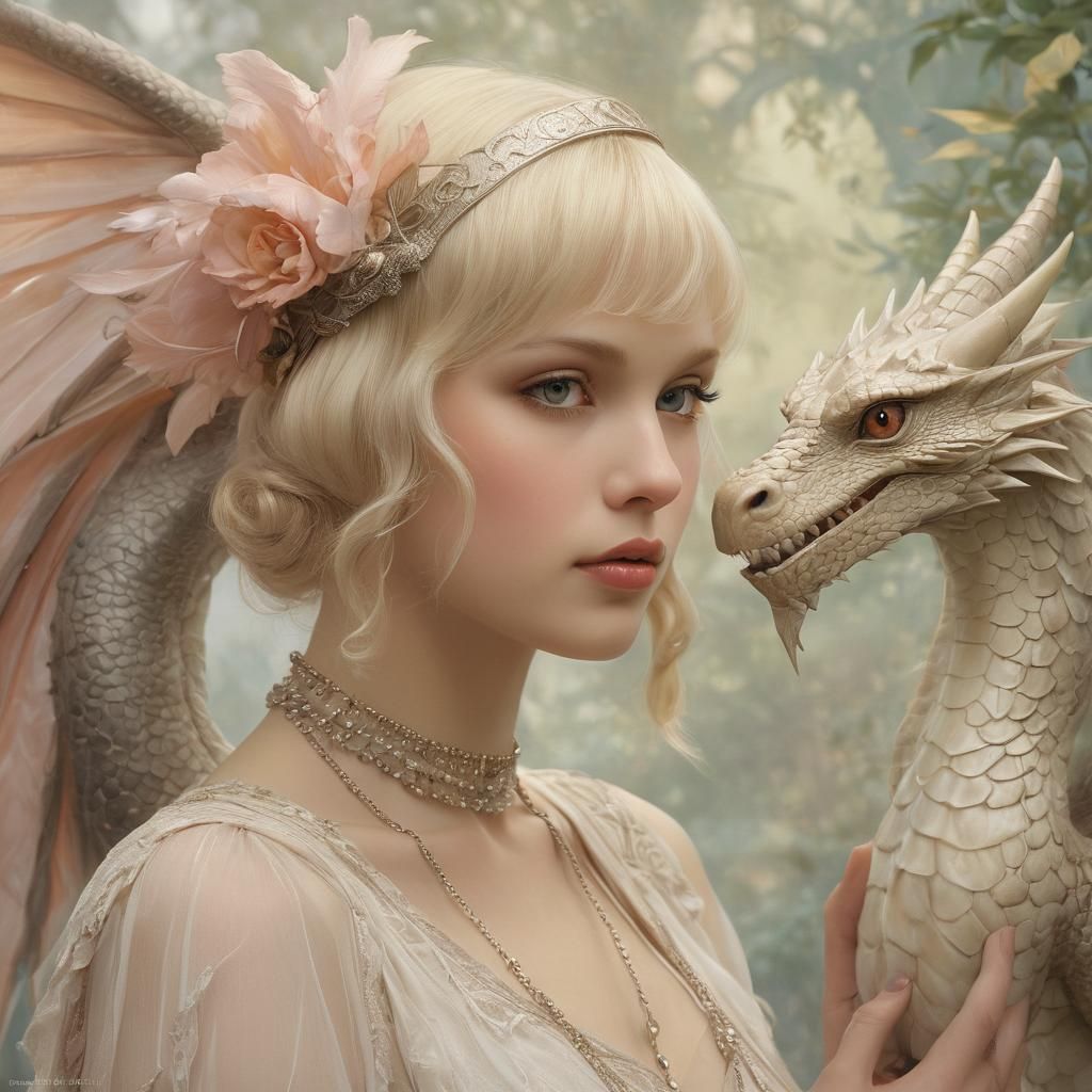 Flapper Woman with Dragon in Dreamy Fairytale Style