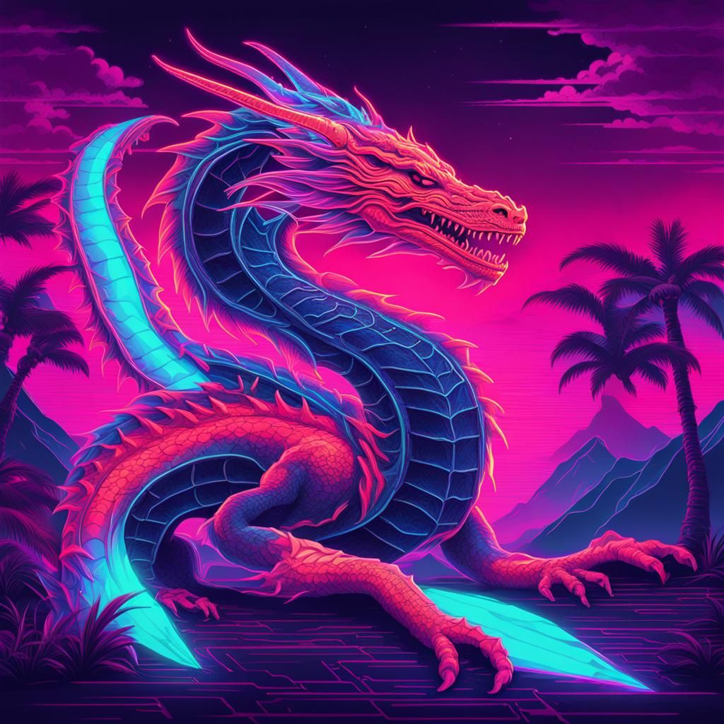 Neon Synthwave Ghost Dragon Retro Art